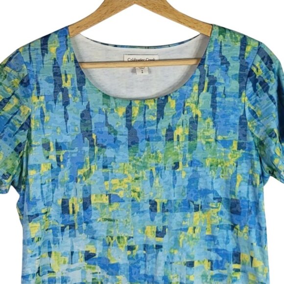 Coldwater Creek Watercolor Top TShirt Blue Yellow Size 8 Short Sleeve Round Neck - Picture 2 of 6